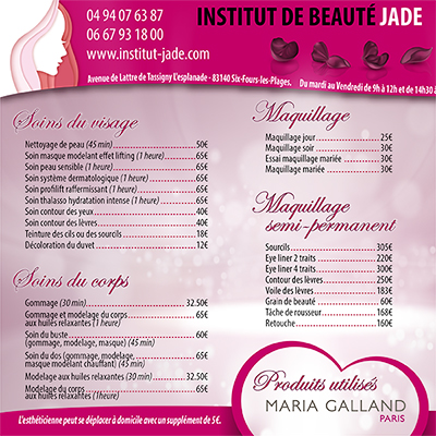 Brochure Institut de Beauté Jade